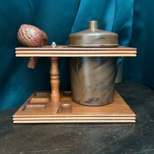 Vintage 5 Pipe Holder Wood Stand Bakelite Humidor Tobacco Canister Briar & Town